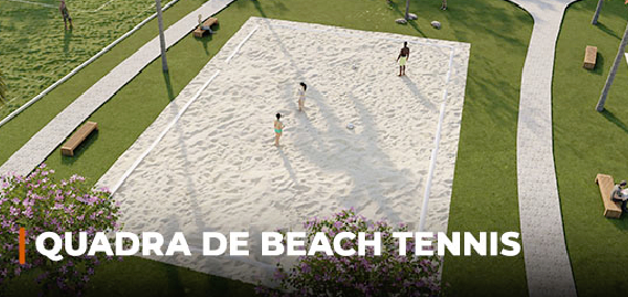 Imagem 3d da quadra de beach tennis do Condomínio Pôr do Sol com pessoas jogando.